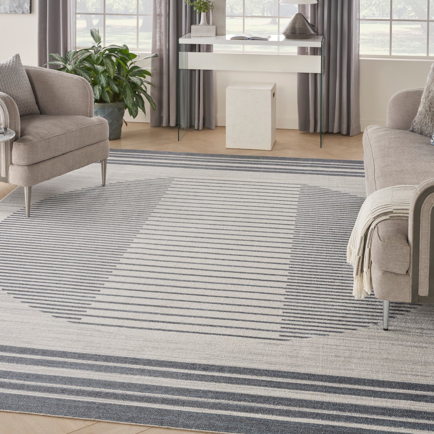 Nourison Astra Machine Washable 9' x 12' Ivory Blue Mid-Century Modern Indoor Rug