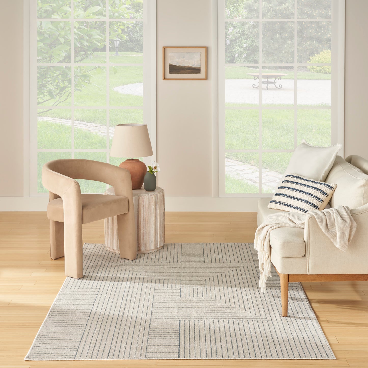 Nourison Washable Decor 5'3" x 7' Cream Blue Modern Indoor Rug