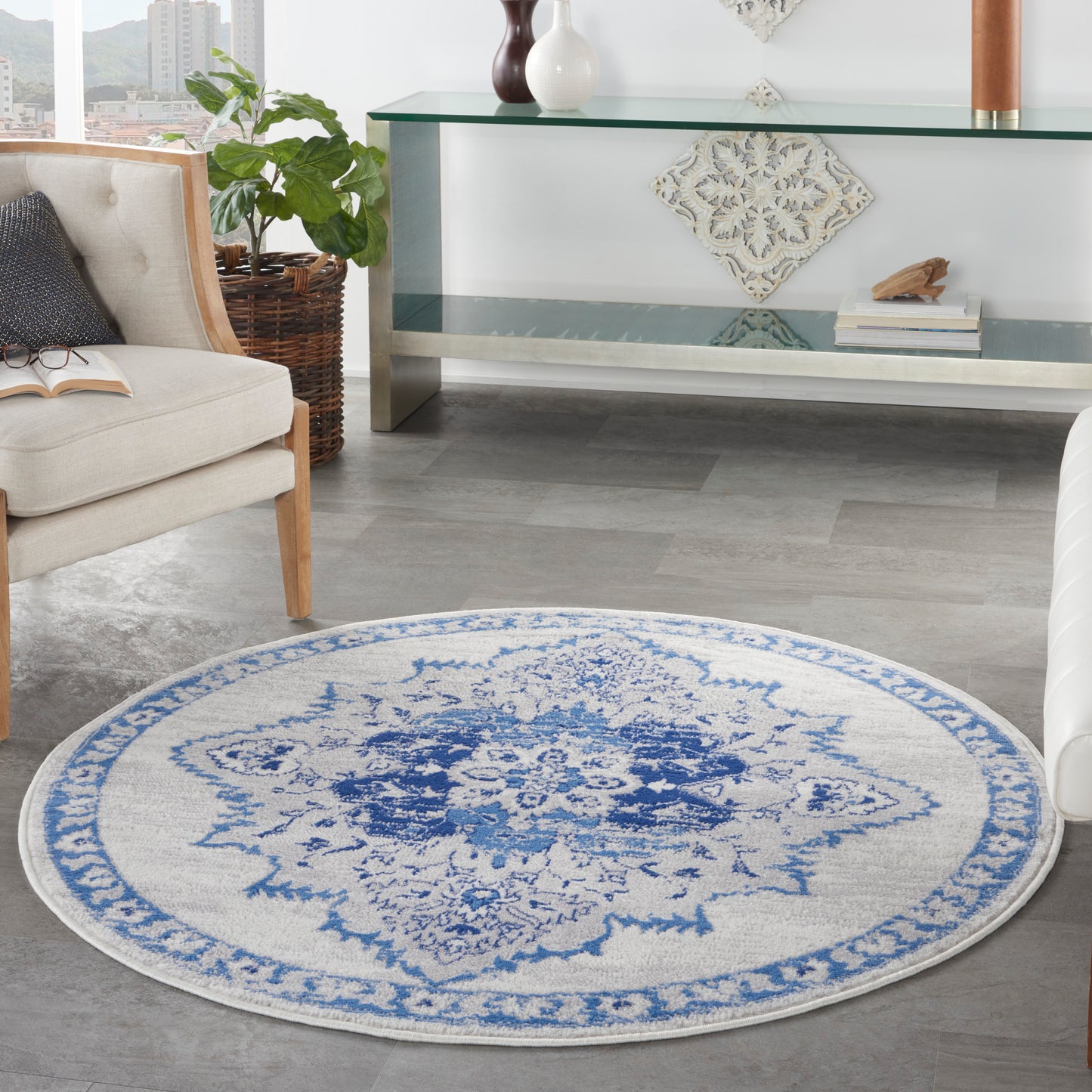 Nourison Whimsicle 5' x Round Ivory Blue Bohemian Indoor Rug