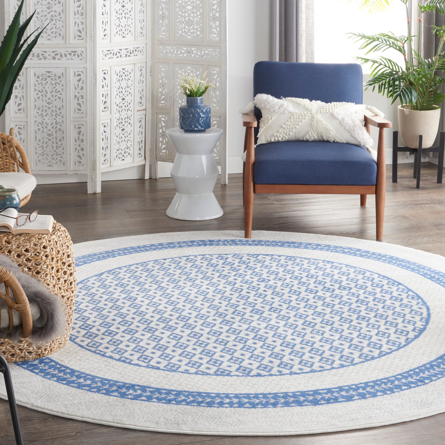 Nourison Whimsicle 8' x Round Ivory Blue Farmhouse Indoor Rug
