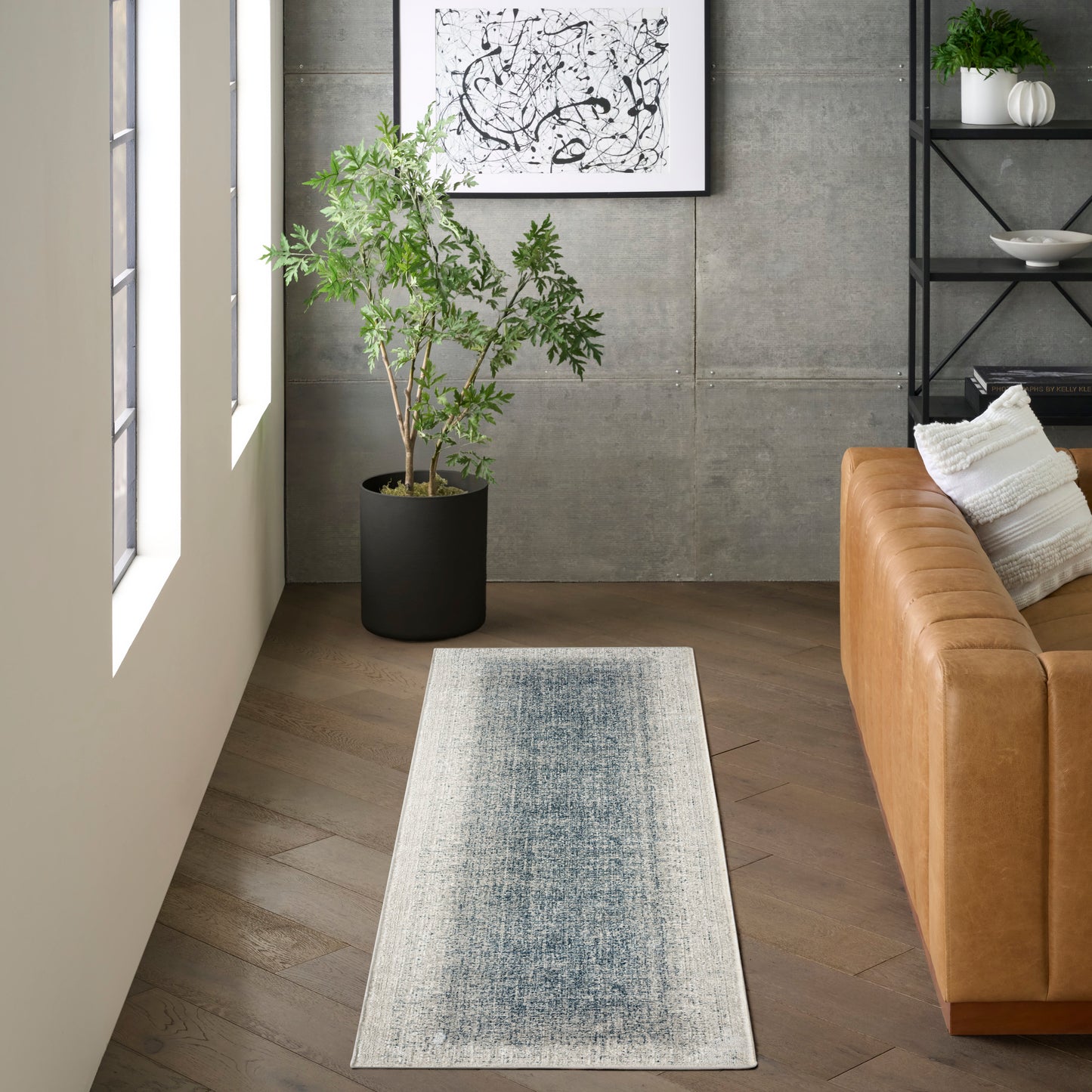 DKNY Grand Street 2'2" x 10' Ivory Blue Modern Indoor Rug