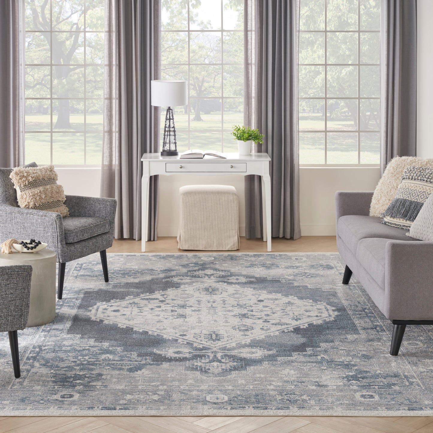 Nourison Astra Machine Washable 9' x 12' Blue Ivory Vintage Indoor Rug