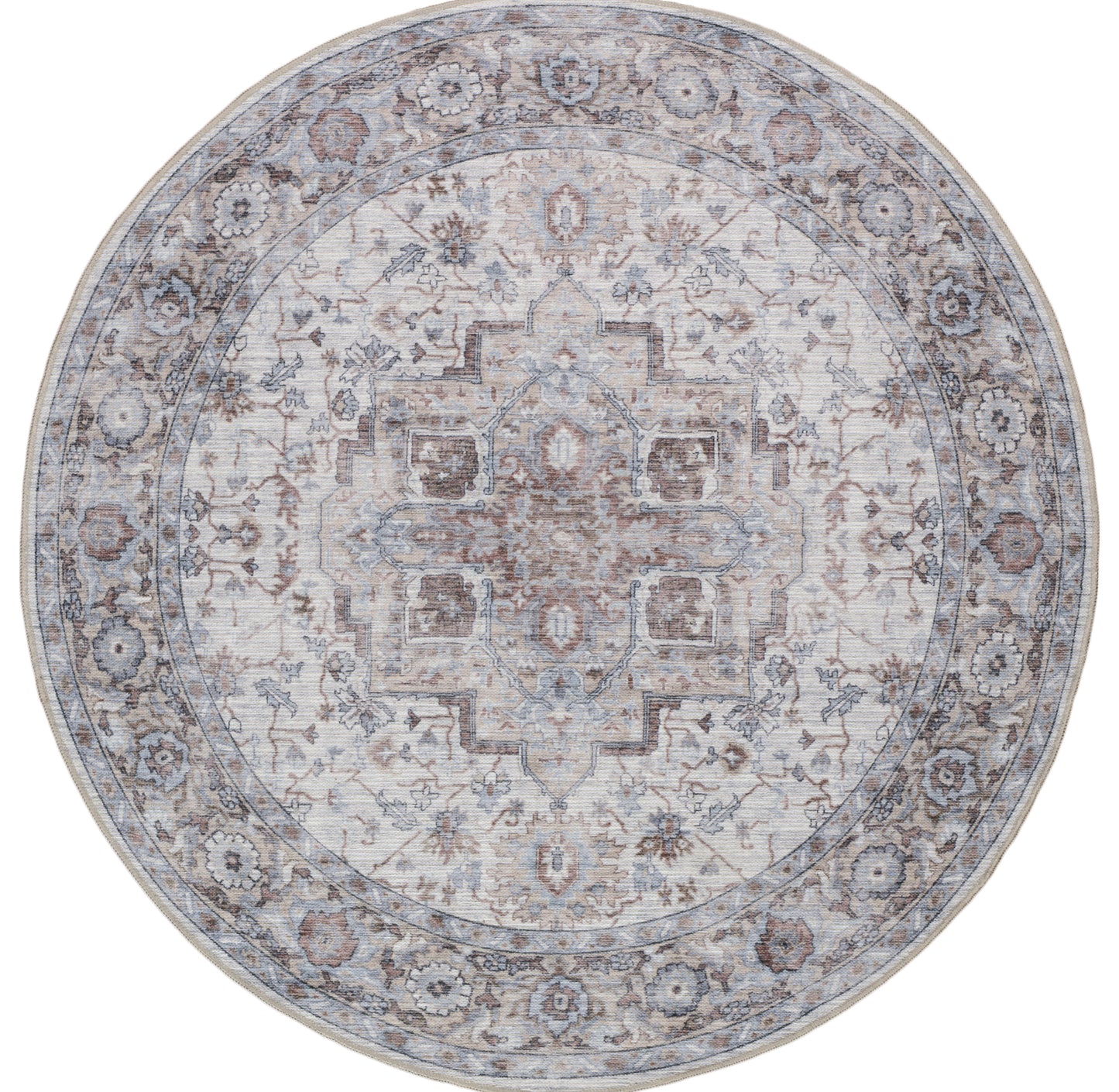 Nicole Curtis Machine Washable Series 1 5'3" x Round Ivory Beige Vintage Indoor Rug