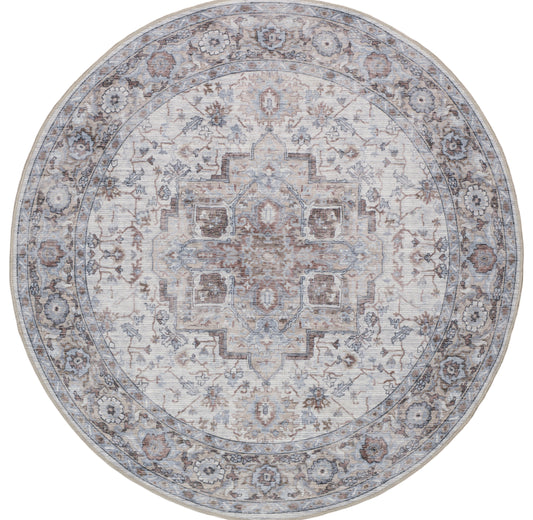 Nicole Curtis Machine Washable Series 1 5'3" x Round Ivory Beige Vintage Indoor Rug