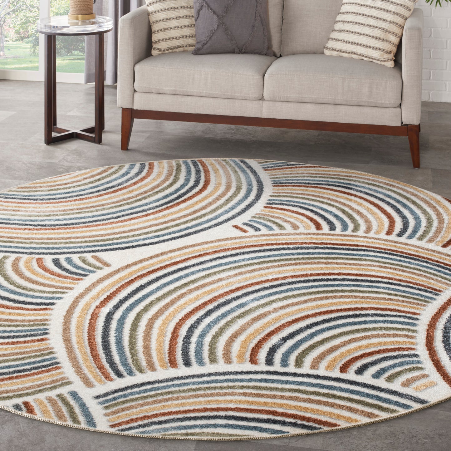 Nourison Astra Machine Washable 7'10" x Round Ivory Multicolor Mid-Century Modern Indoor Rug