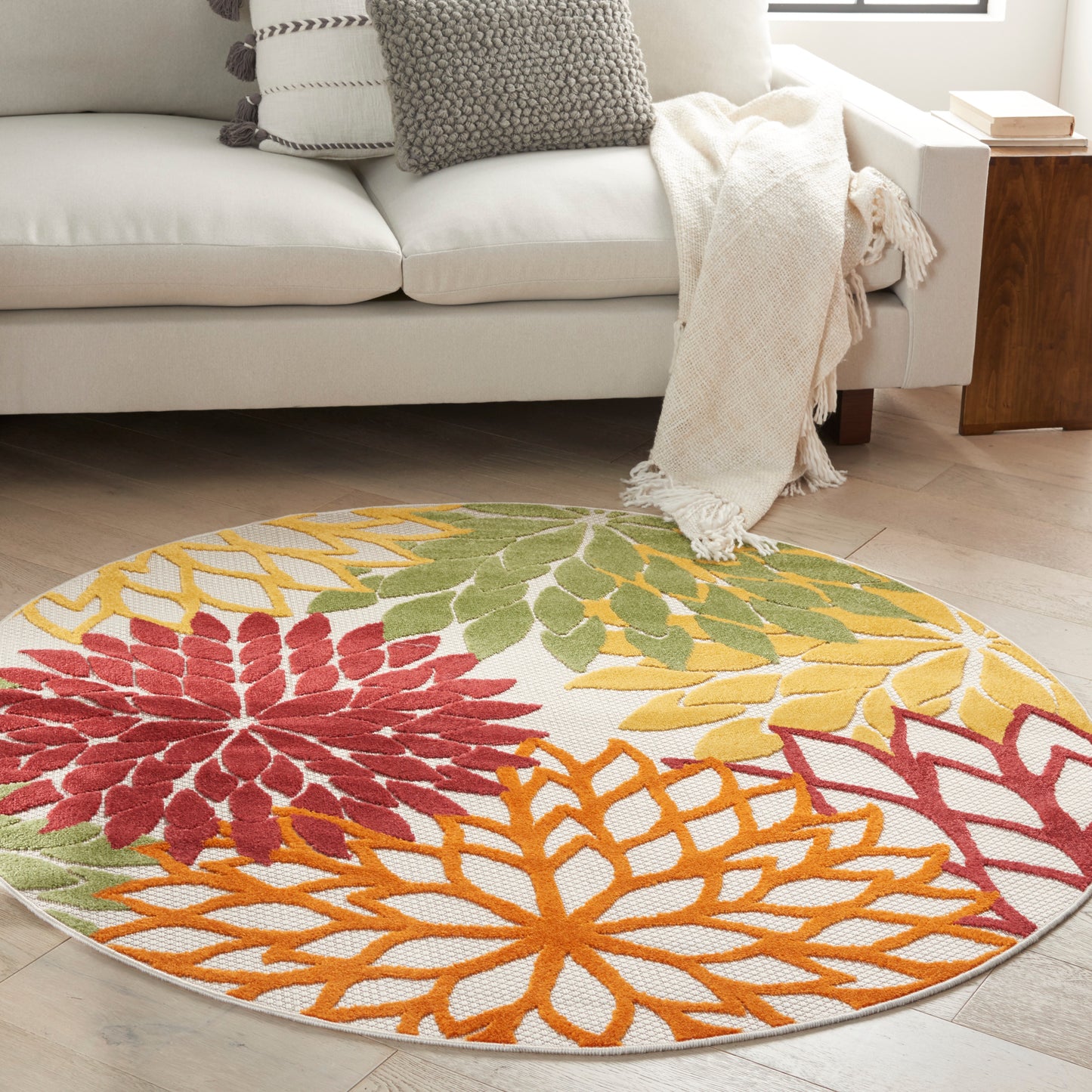Nourison Aloha 4' x Round Red Multicolor Tropical Rug
