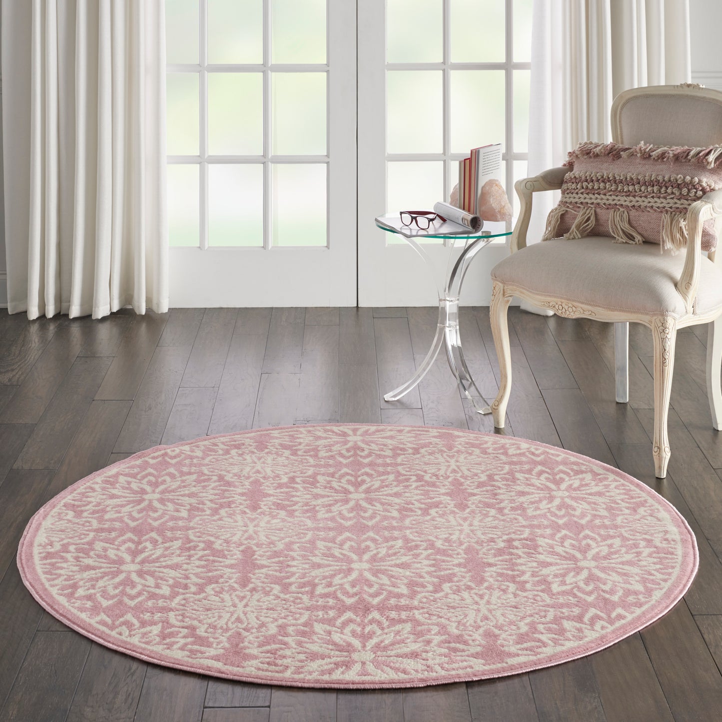 Nourison Jubilant 5'3" x Round Ivory Pink Farmhouse Indoor Rug