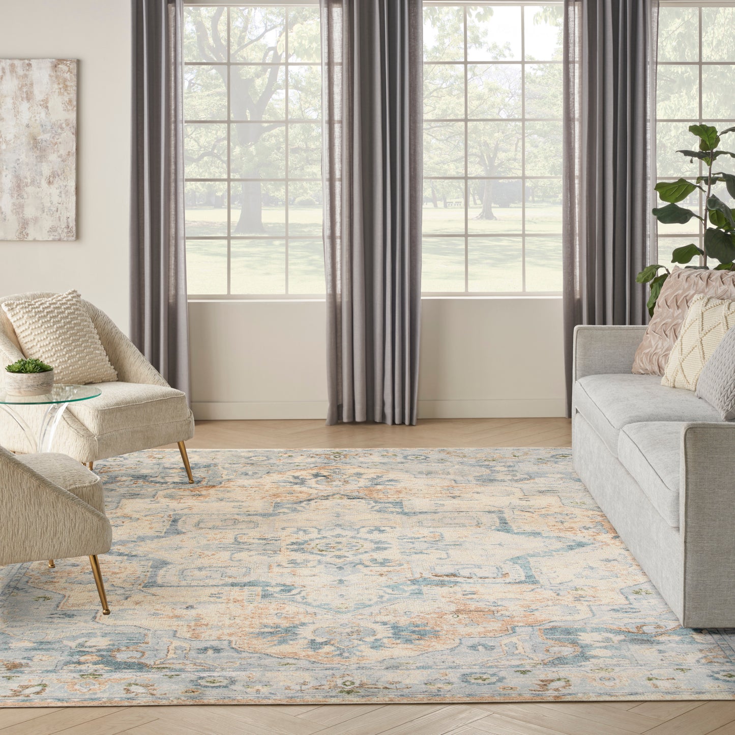 Nourison Astra Machine Washable 9' x 12' Beige Blue Vintage Indoor Rug