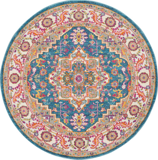 Nourison Passion 4' x Round Teal Multicolor Bohemian Indoor Rug