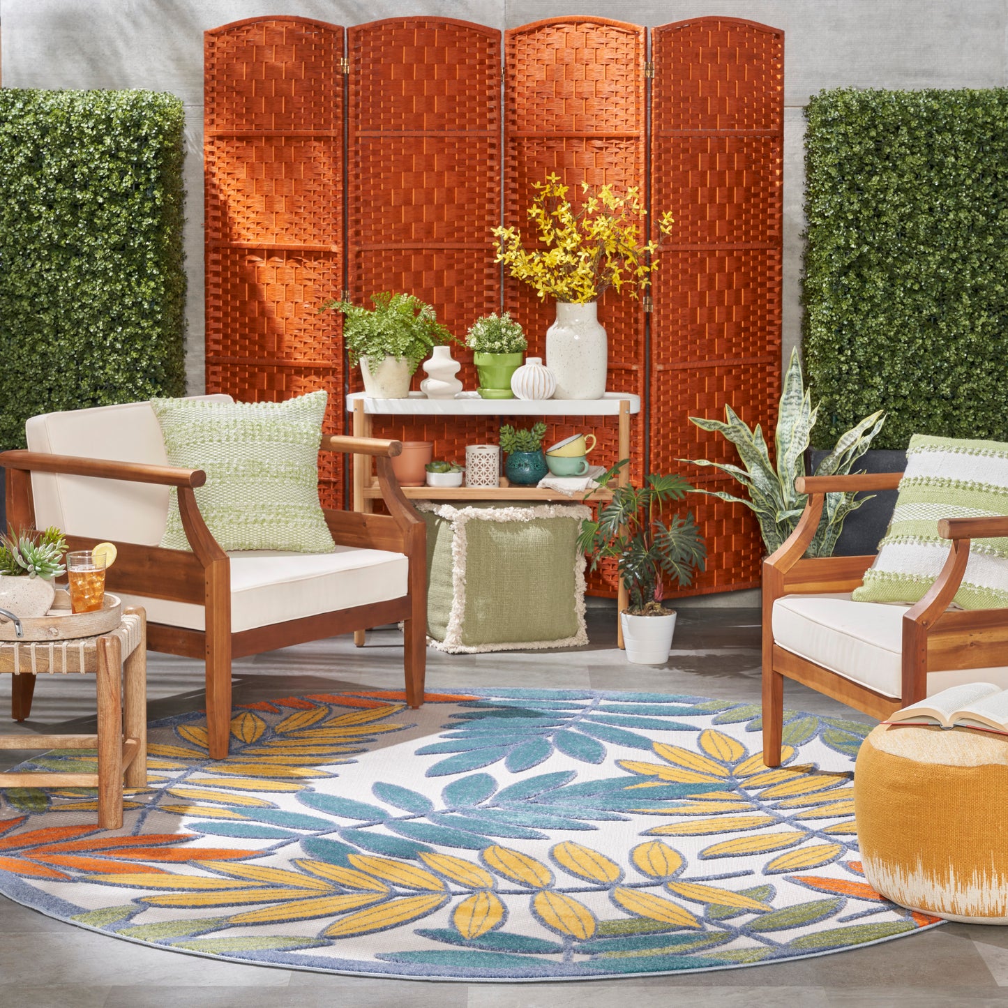 Nourison Aloha 7'10" x Round Ivory/Multi Tropical Rug