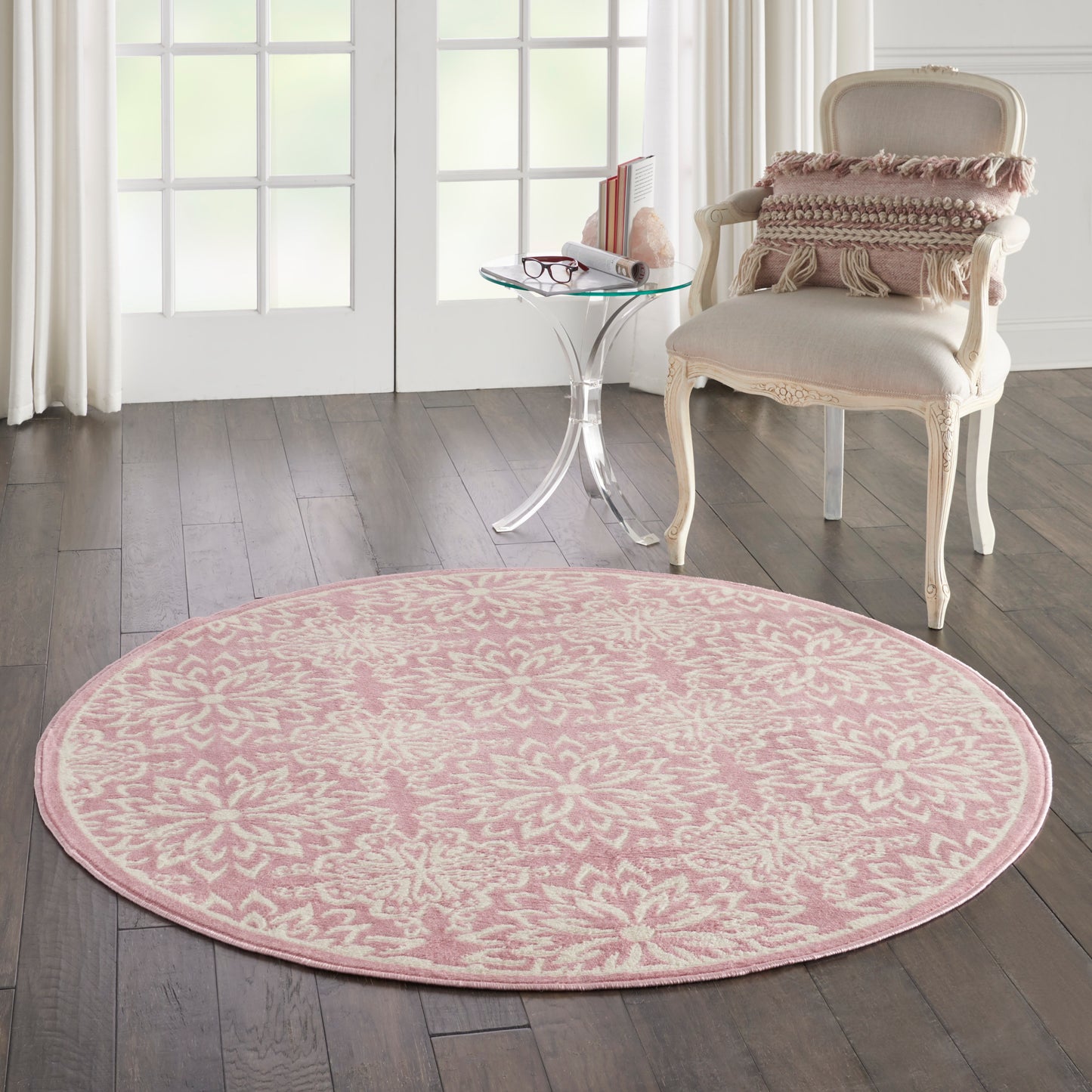 Nourison Jubilant 5'3" x Round Ivory Pink Farmhouse Indoor Rug