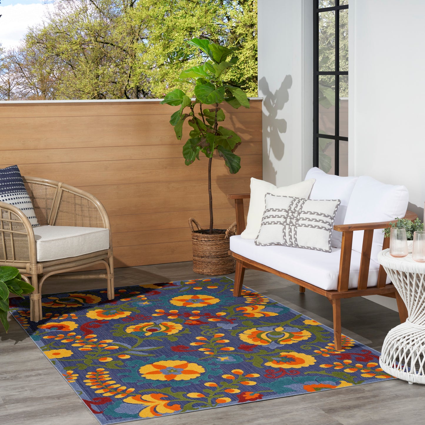 Nourison Aloha 5'3" x 7'5" Navy Multicolor Outdoor Rug