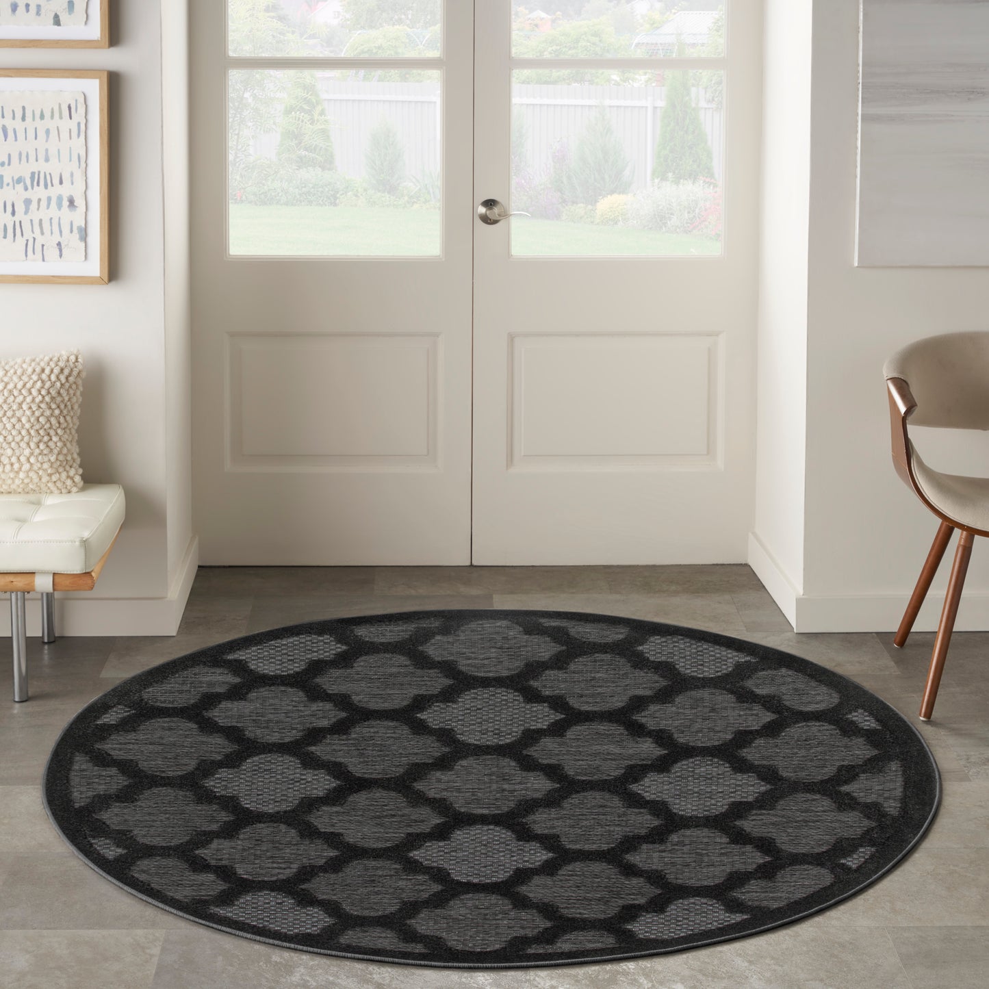 Nourison Easy Care 5' x Round Charcoal Black Modern Rug