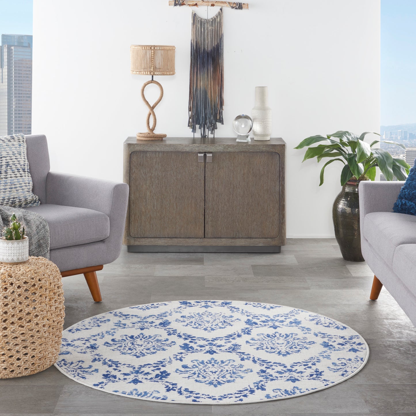 Nourison Whimsicle 5' x Round Ivory Navy Farmhouse Indoor Rug