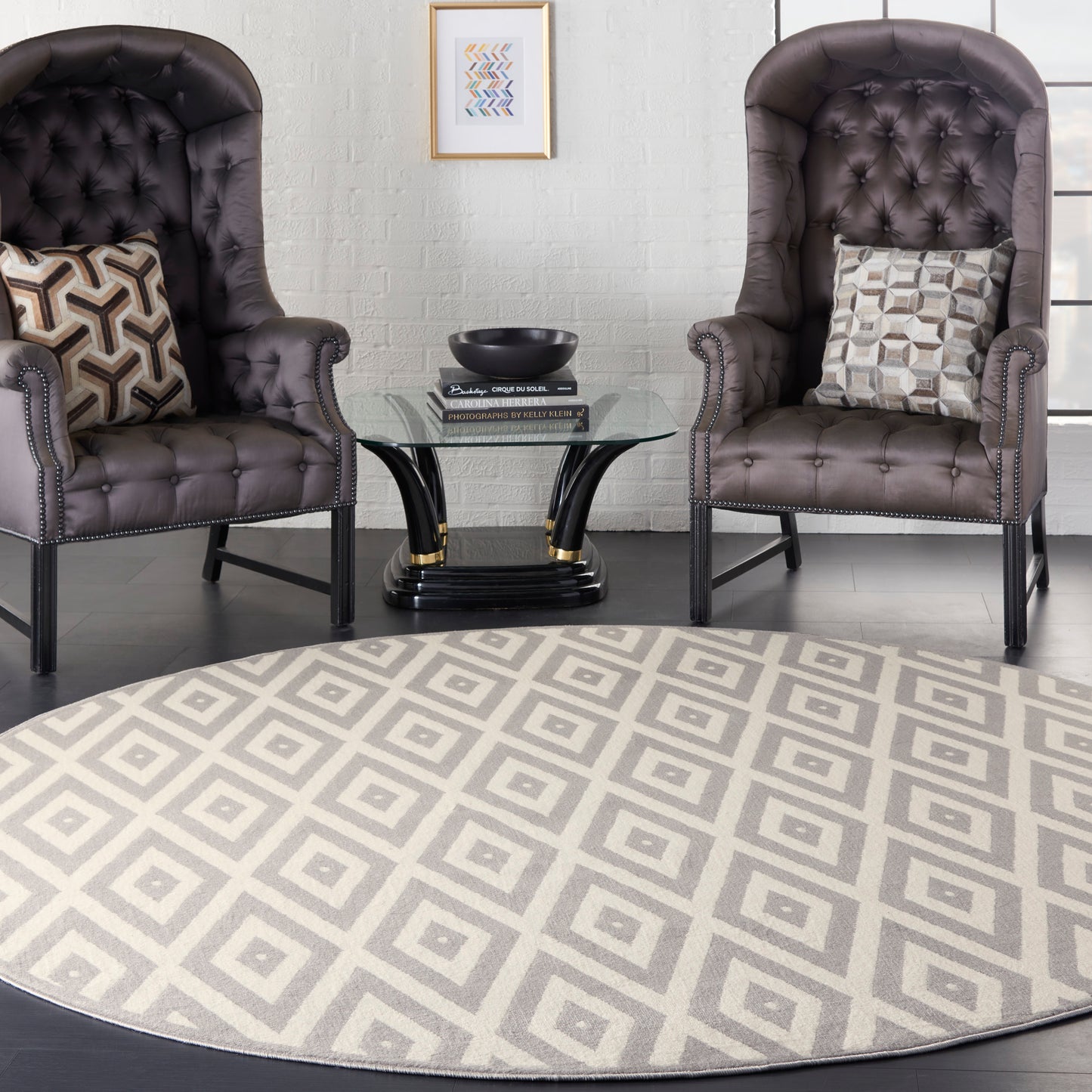 Nourison Grafix 8' x Round White/Grey Mid-Century Modern Indoor Rug