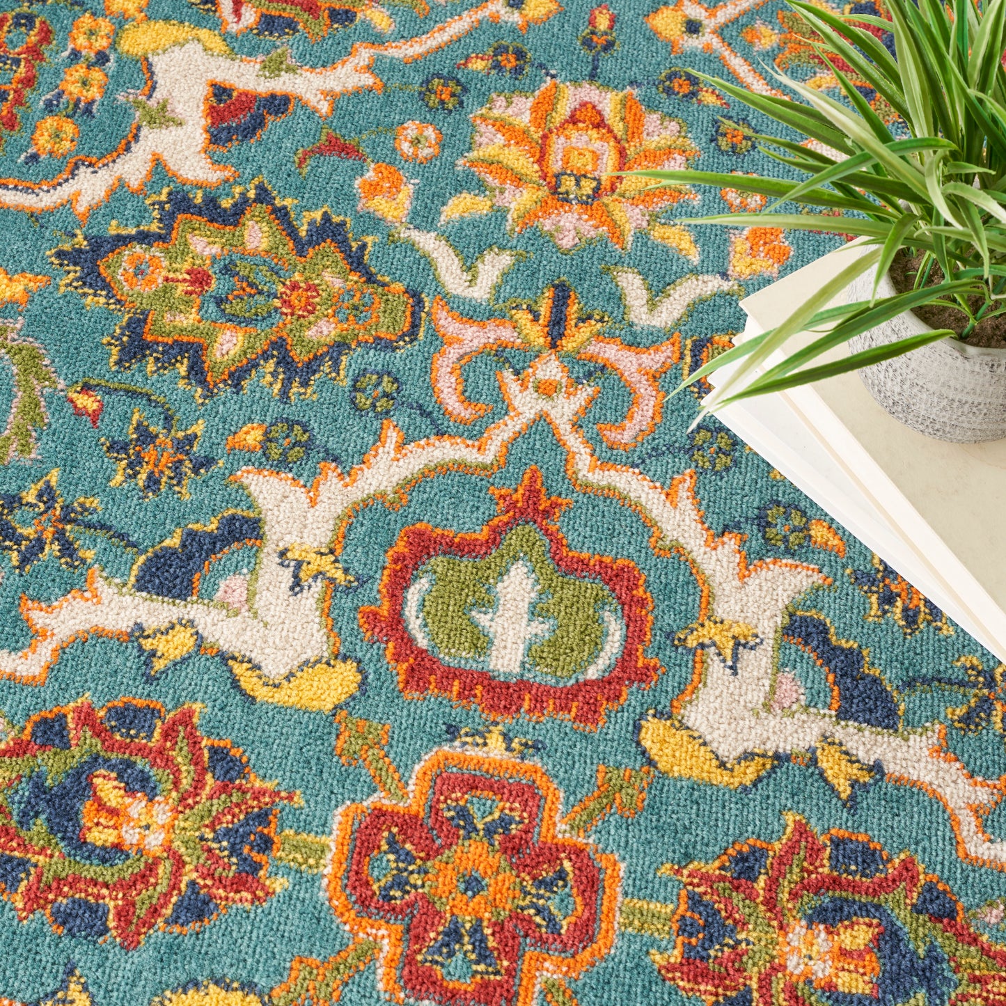 Nourison Allur 5'3" x Round Turquoise Ivory Bohemian Indoor Rug