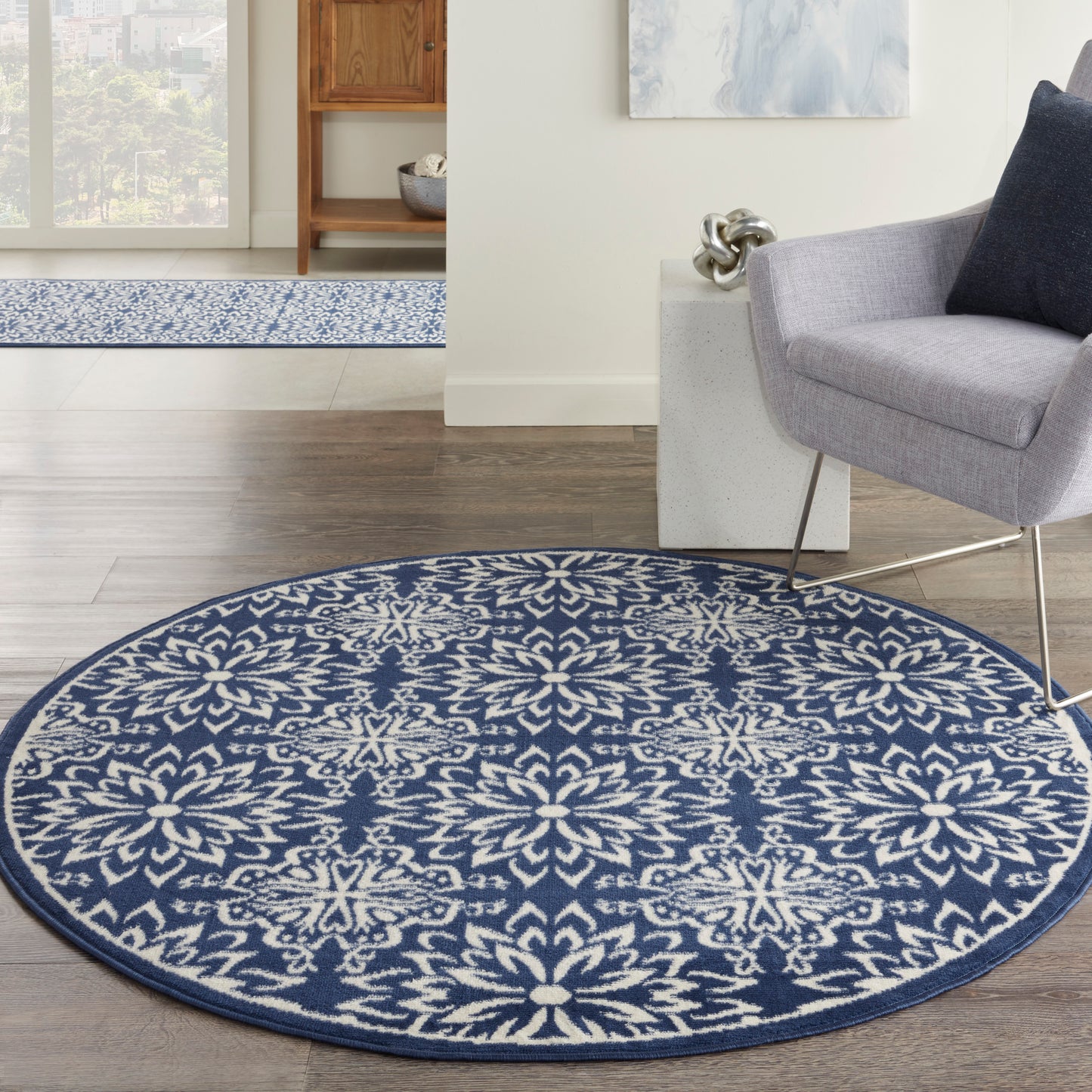 Nourison Jubilant 5'3" x Round Navy/Ivory Farmhouse Indoor Rug