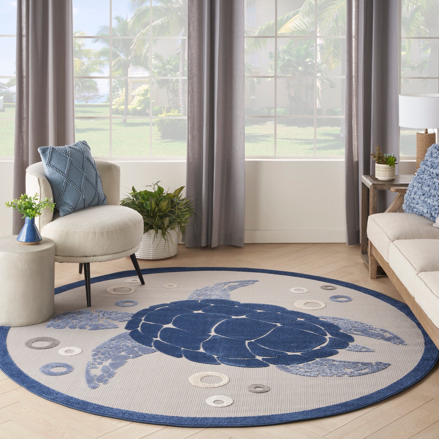 Nourison Aloha 5'3" x Round Navy Blue Coastal, Nautical & Beach Rug