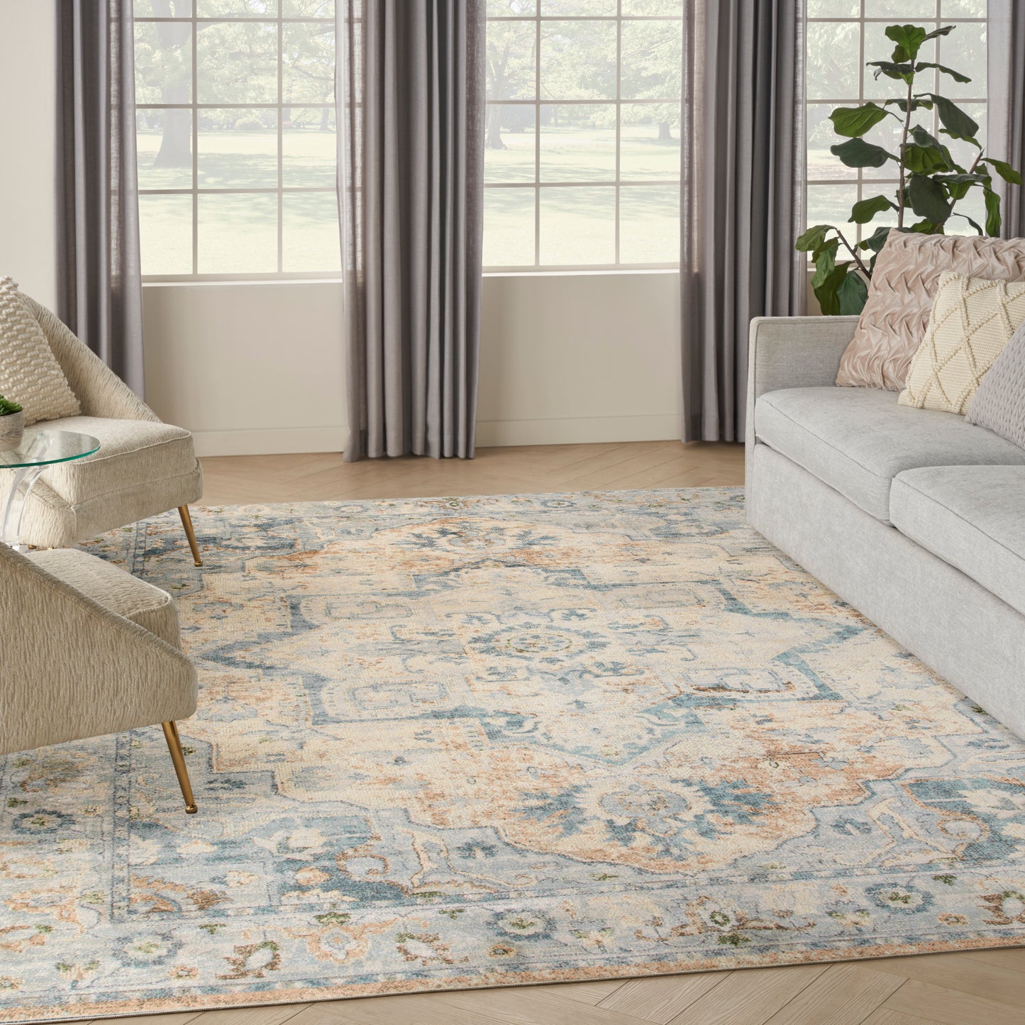 Nourison Astra Machine Washable 9' x 12' Beige Blue Vintage Indoor Rug