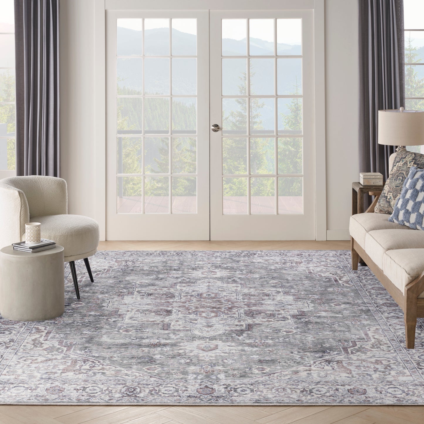 Nicole Curtis Machine Washable Series 1 10' x 14' Ivory Grey Vintage Indoor Rug