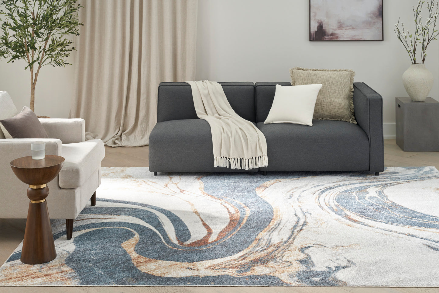 Nourison Astra Machine Washable 6'7" x 9' Ivory Blue Modern Indoor Rug