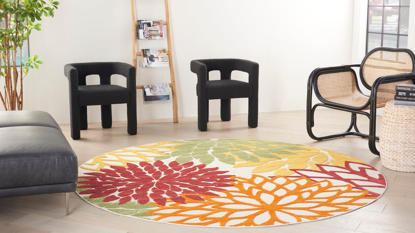 Nourison Aloha 7'10" x Round Red Multicolor Tropical Rug