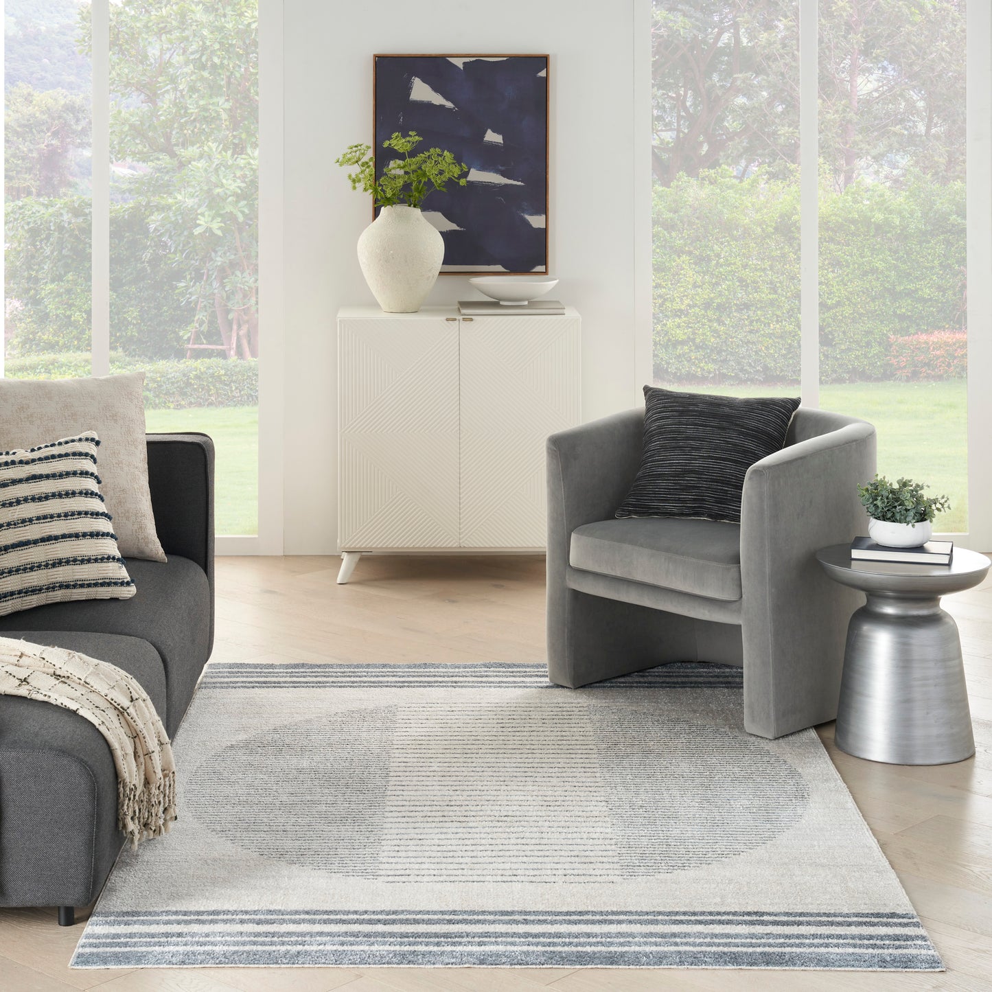 Nourison Astra Machine Washable 4' x 6' Ivory Blue Mid-Century Modern Indoor Rug