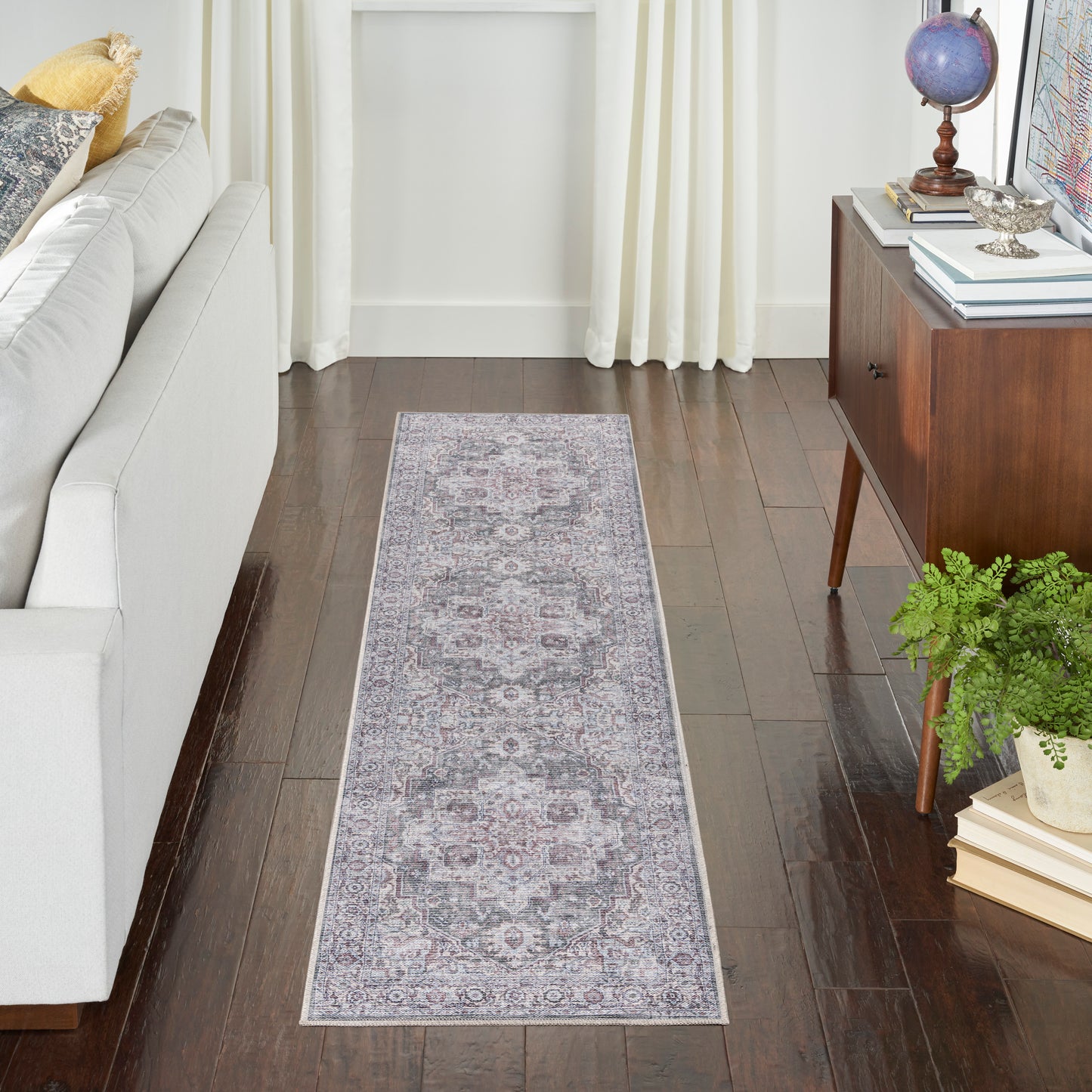 Nicole Curtis Machine Washable Series 1 2'2" x 10' Ivory Grey Vintage Indoor Rug