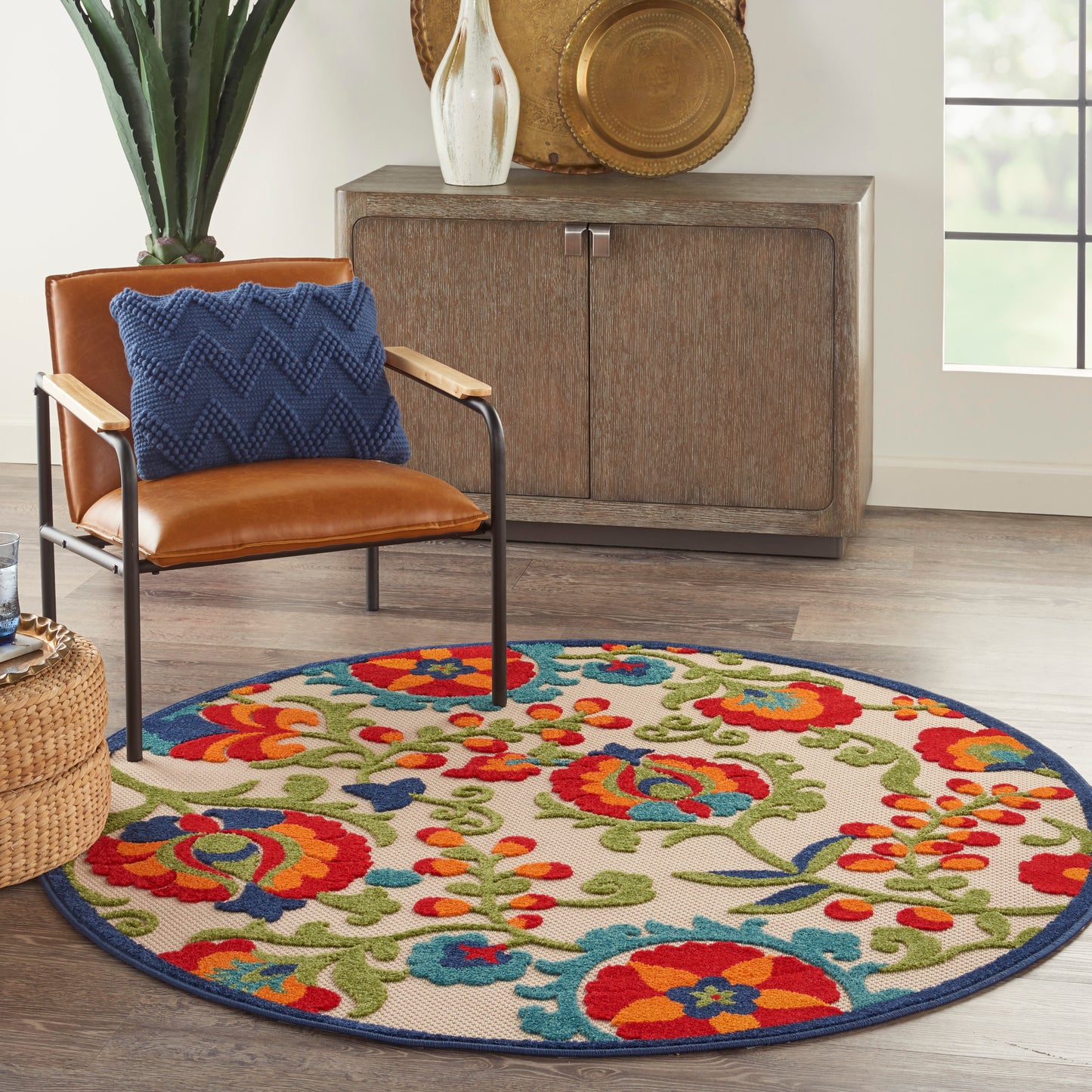 Nourison Aloha 5'3" x Round Multicolor Farmhouse Rug