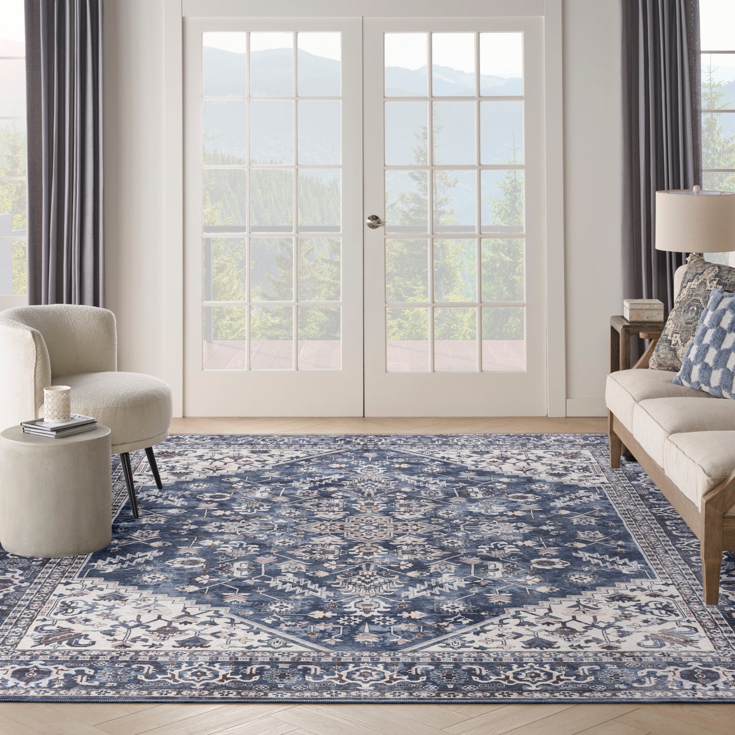 Nicole Curtis Machine Washable Series 1 10' x 14' Navy Ivory Vintage Indoor Rug