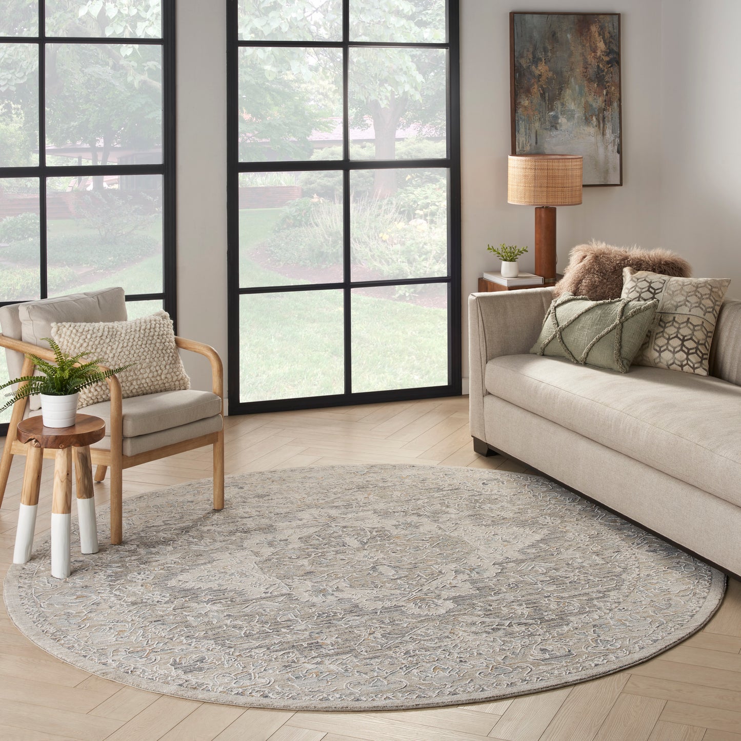 Nourison Lynx 7’10” x Round Ivory Taupe Vintage Indoor Rug