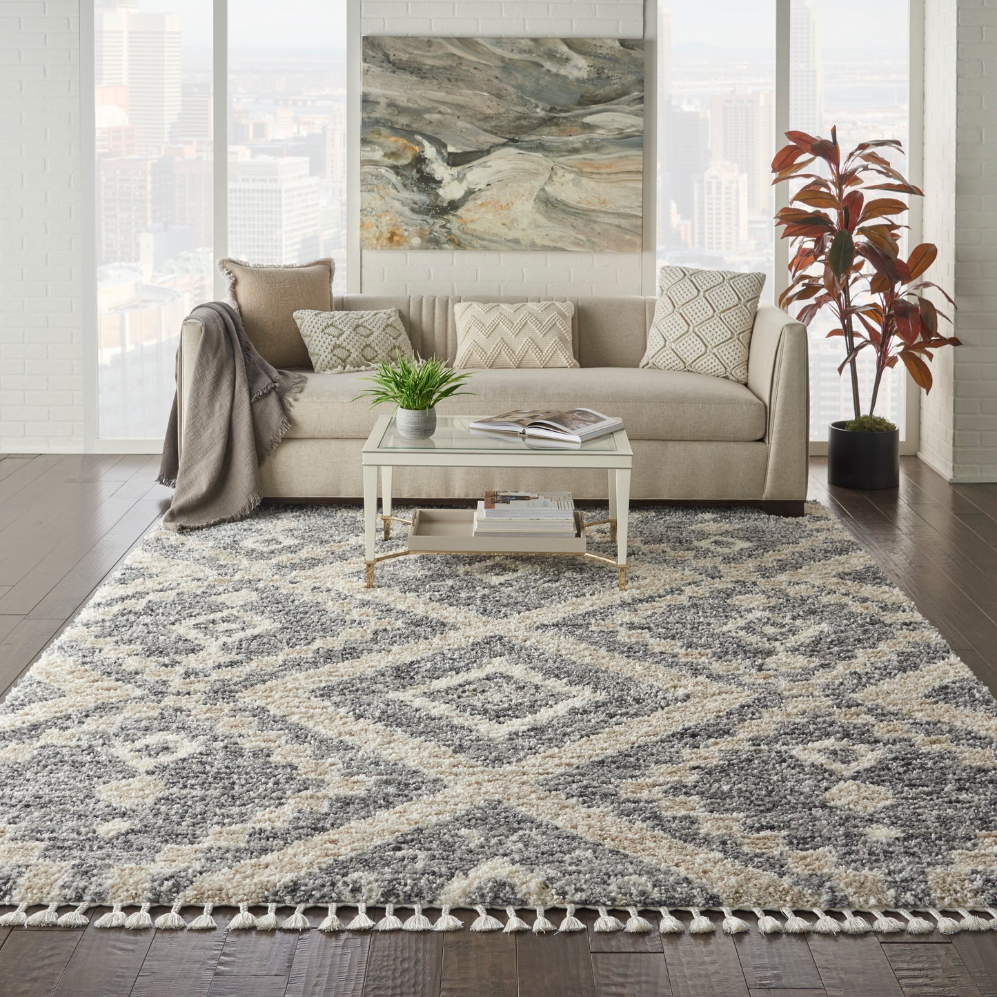 Nourison Oslo Shag 7'10" x 10'6" Grey/Ivory Shag Indoor Rug