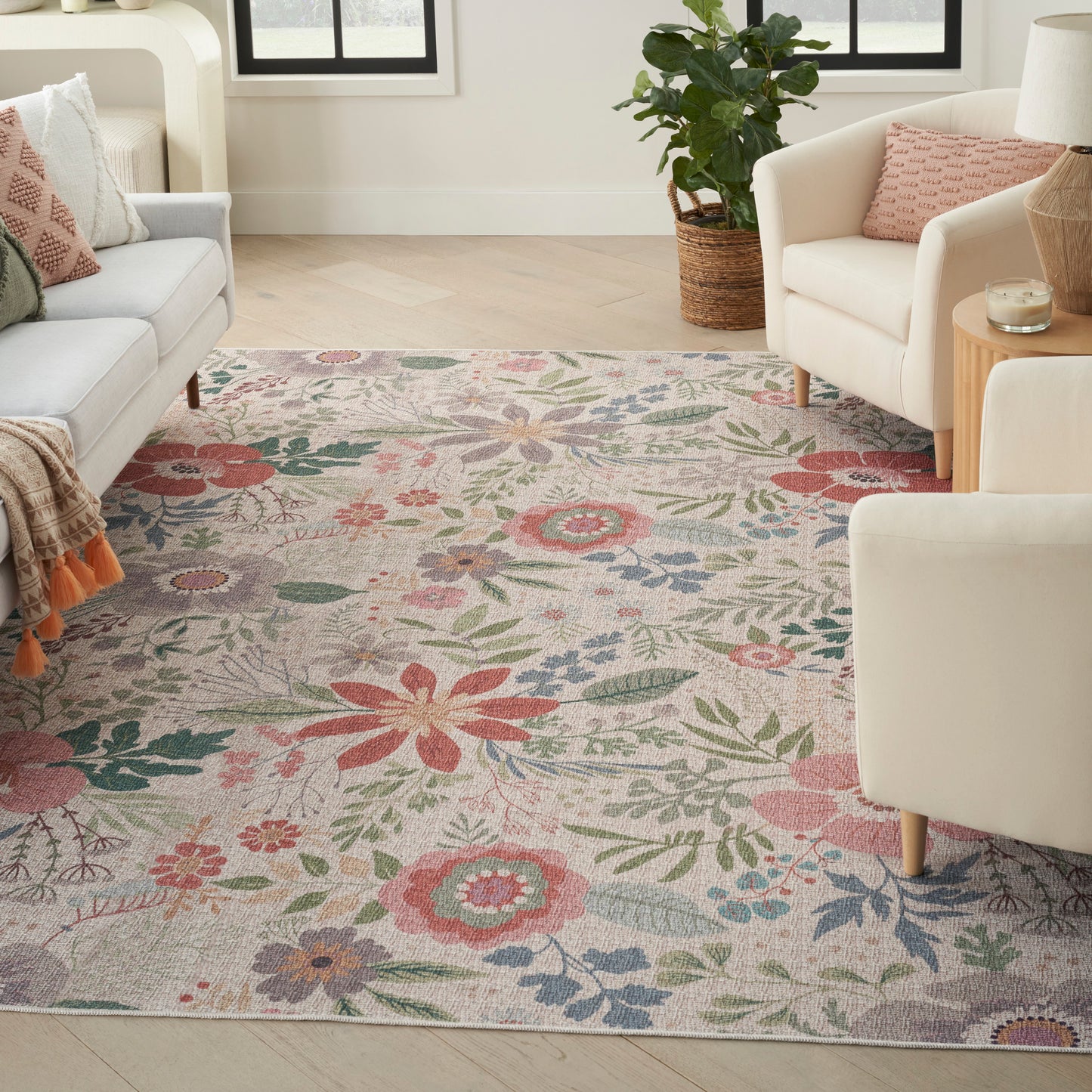 Nourison Nourison Washables 4' x 6' Cream Multicolor Farmhouse Indoor Rug