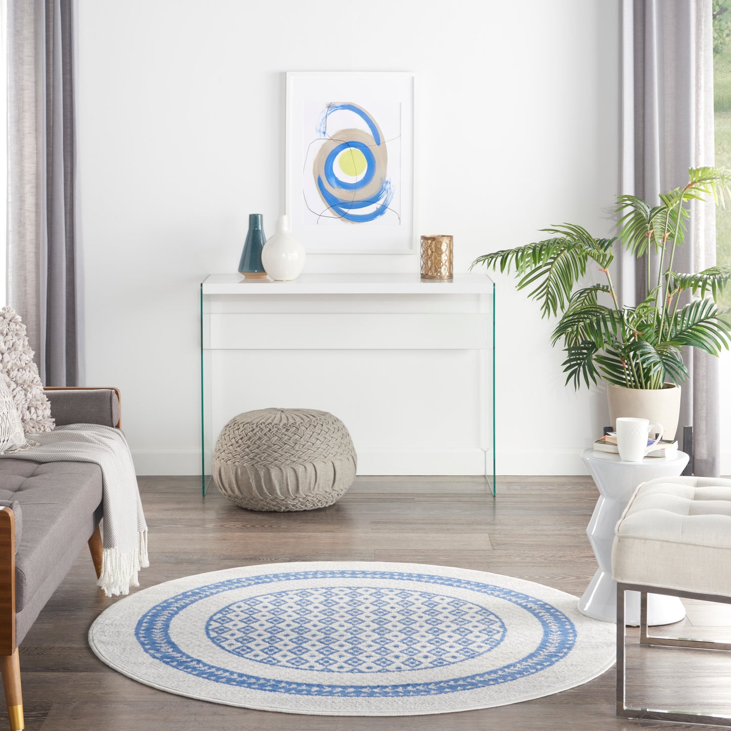 Nourison Whimsicle 5' x Round Ivory Blue Farmhouse Indoor Rug