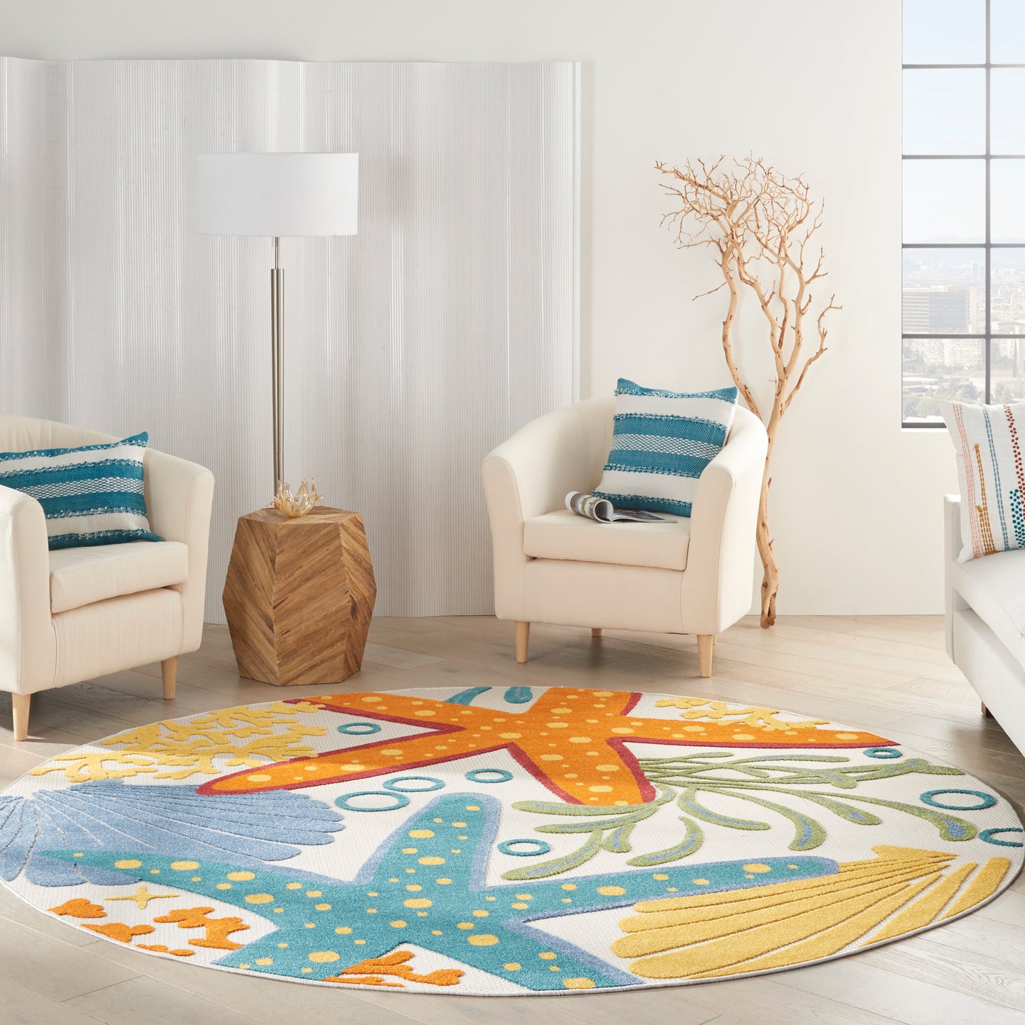 Nourison Aloha 7'10" x Round Multicolor Coastal, Nautical & Beach Rug