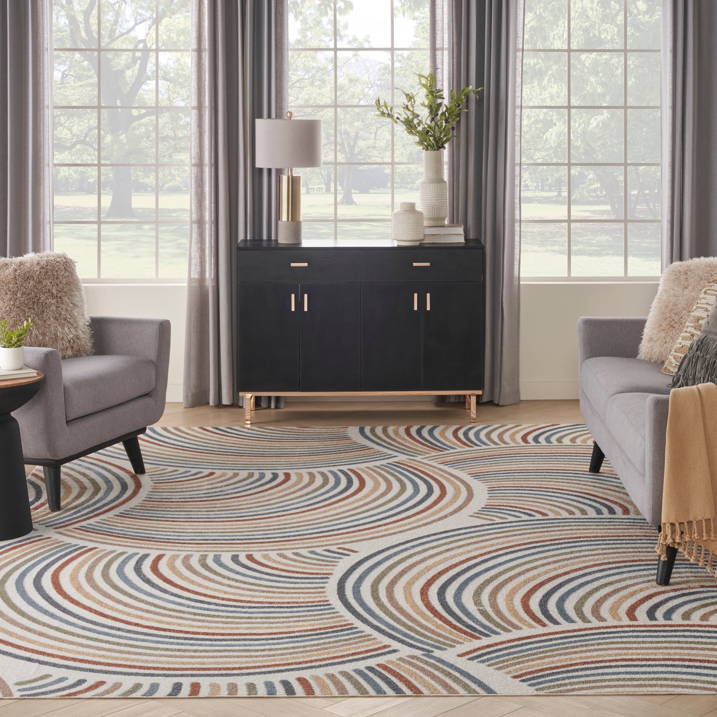 Nourison Astra Machine Washable 10' x 14' Ivory Multicolor Mid-Century Modern Indoor Rug