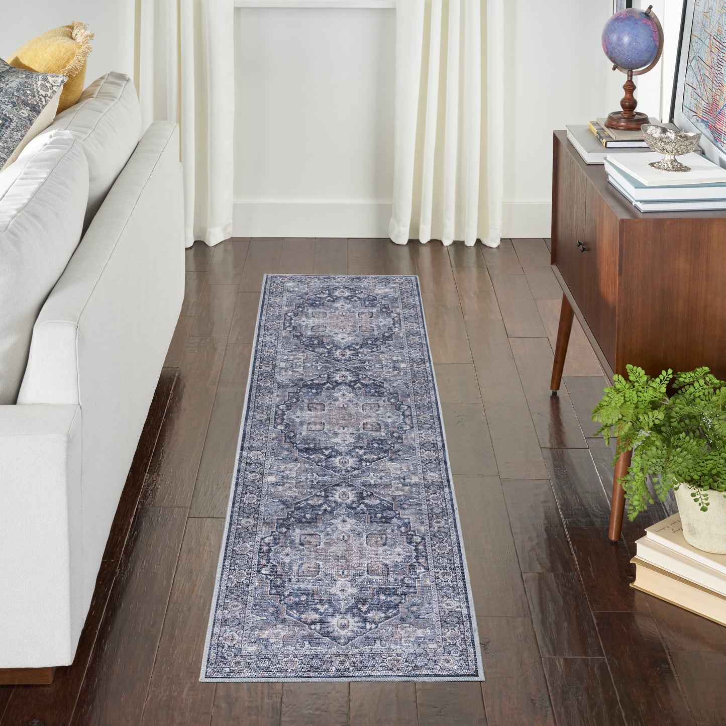 Nicole Curtis Machine Washable Series 1 2'2" x 8' Ivory Navy Vintage Indoor Rug