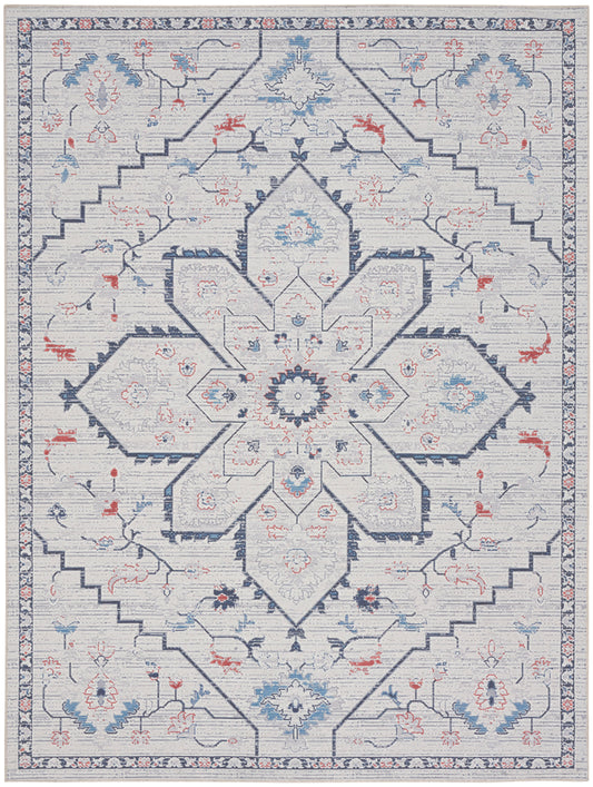 Nicole Curtis Machine Washable Series 1 7'10" x 9'10" Ivory Blue Farmhouse Indoor Rug