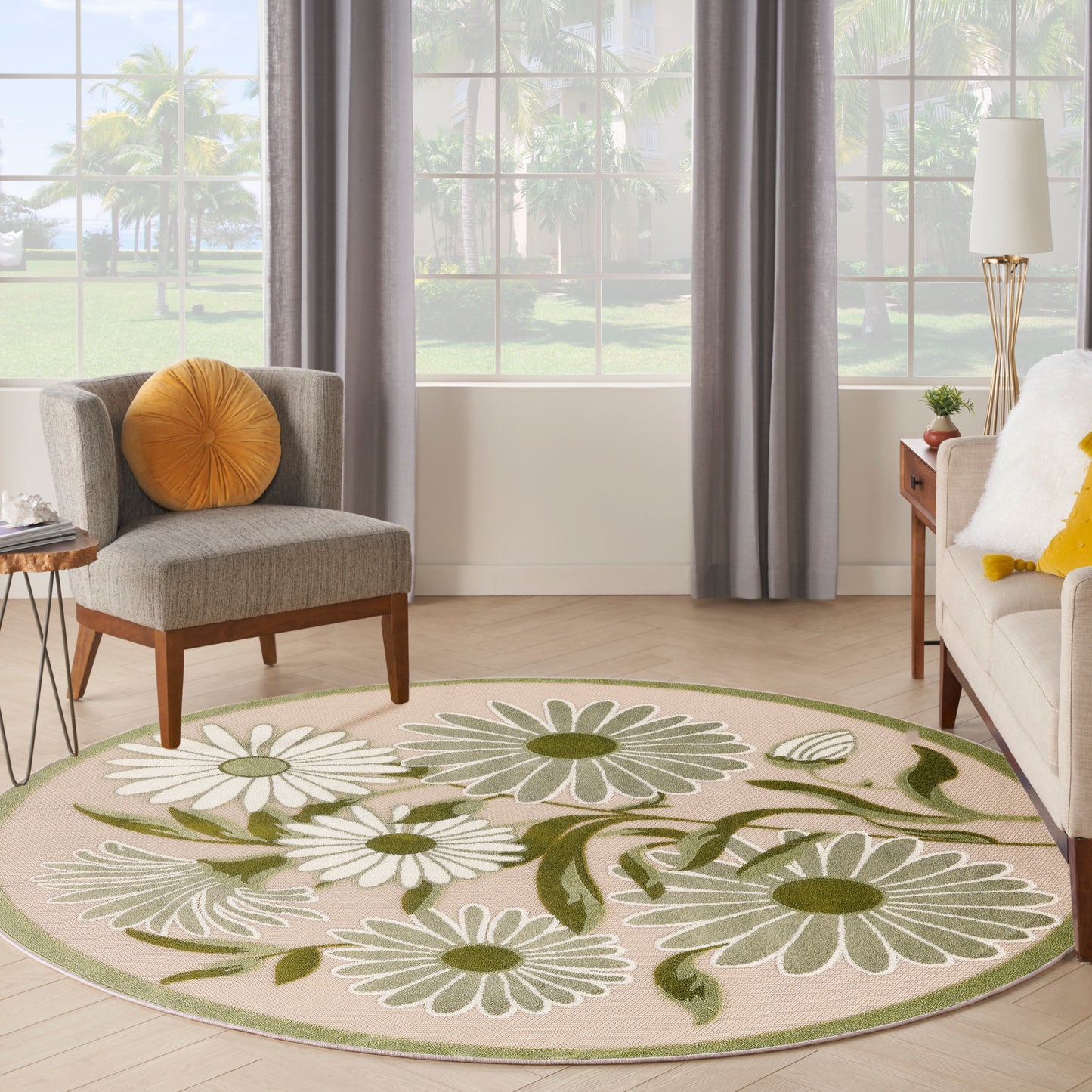 Nourison Aloha 5'3" x Round Ivory Green Outdoor Rug