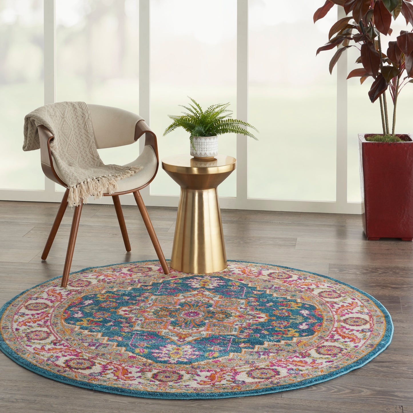 Nourison Passion 4' x Round Teal Multicolor Bohemian Indoor Rug