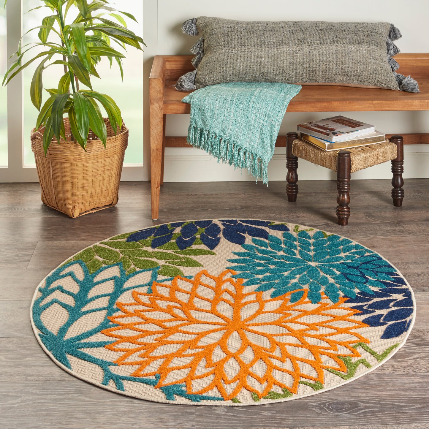Nourison Aloha 5'3" x Round Multicolor Tropical Rug