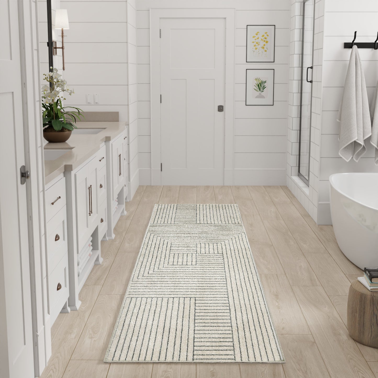 Nourison Washable Decor 2' x 6' Cream Blue Modern Indoor Rug