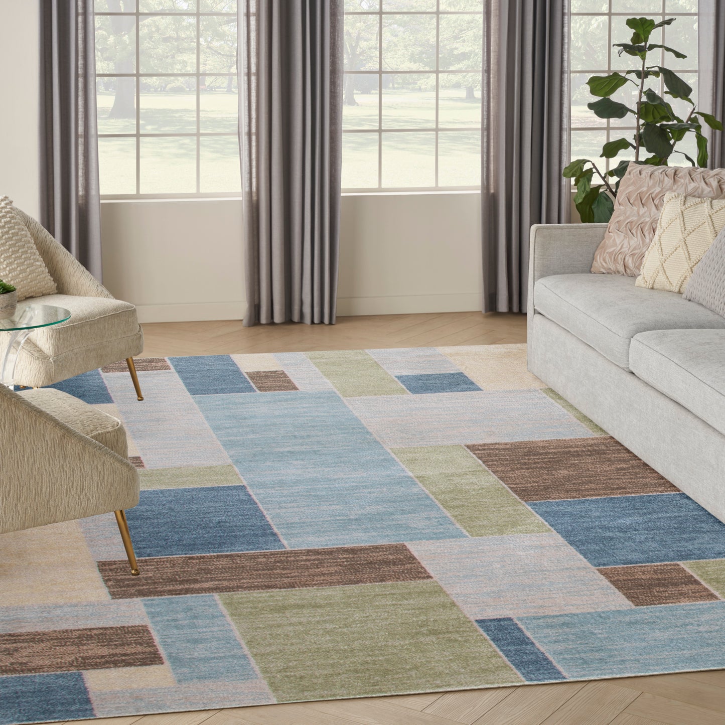 Nourison Astra Machine Washable 9' x 12' Blue Green Multi Modern Indoor Rug