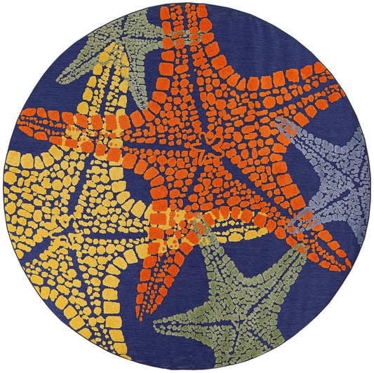 Nourison Aloha 5'3" x Round Blue Multicolor Outdoor Rug