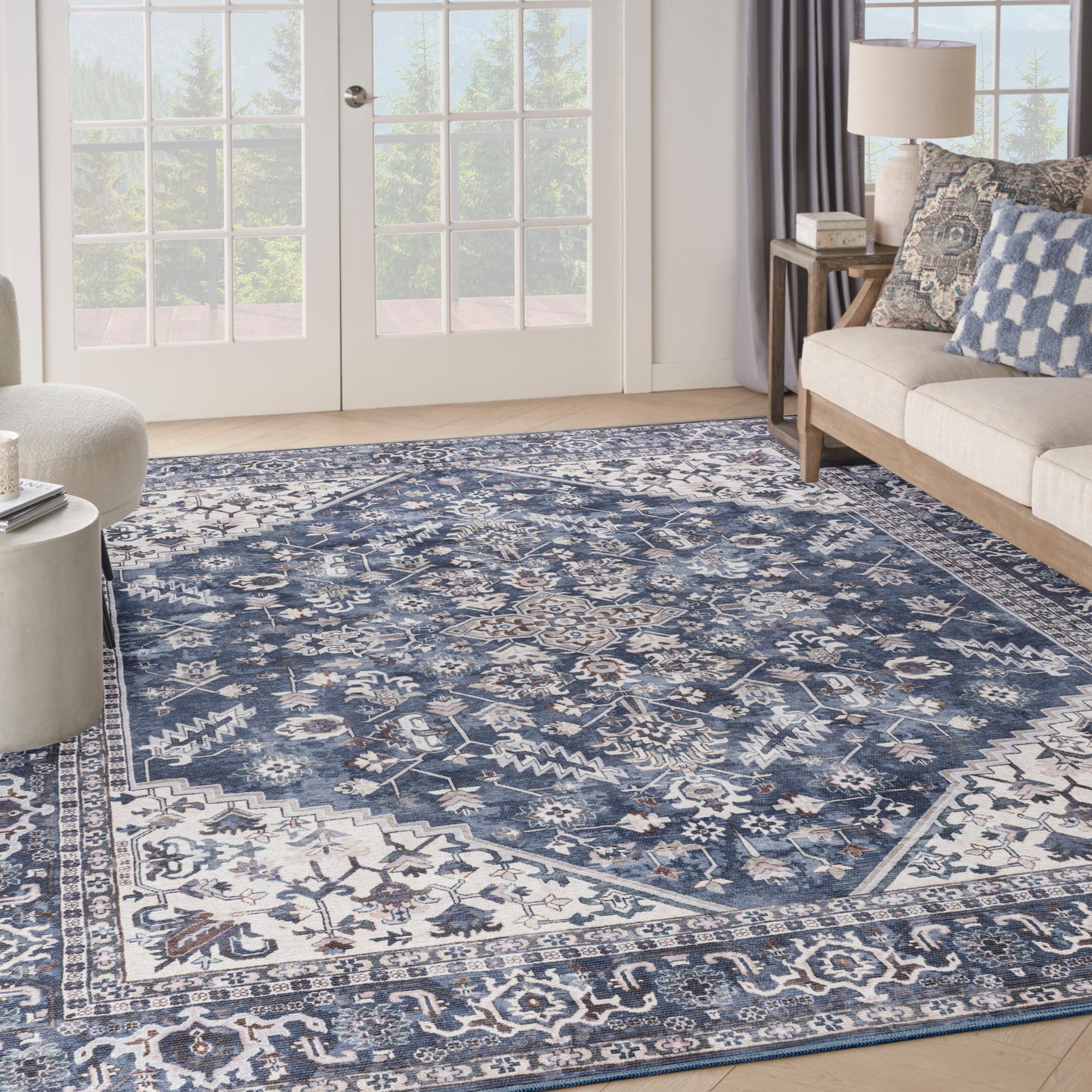 Nicole Curtis Machine Washable Series 1 10' x 14' Navy Ivory Vintage Indoor Rug