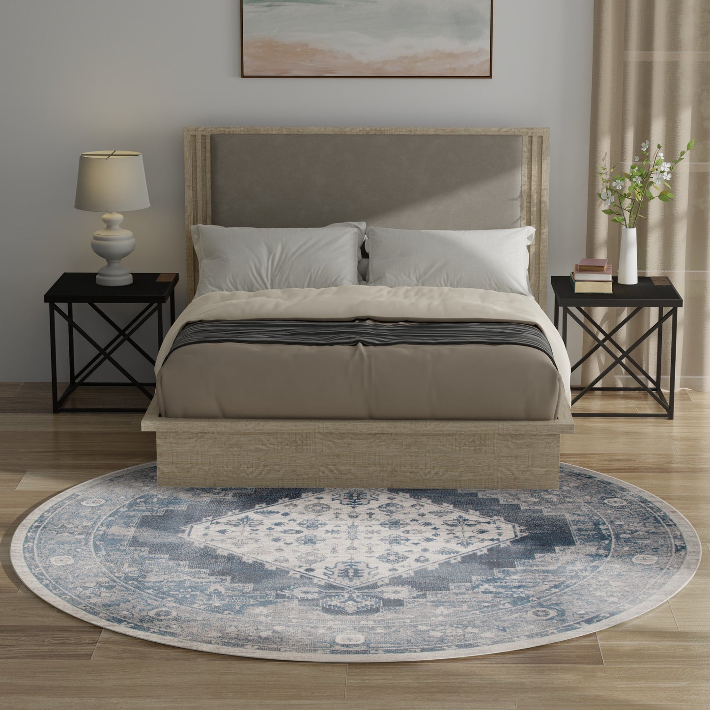 Nourison Astra Machine Washable 7'10" x Round Blue Ivory Vintage Indoor Rug