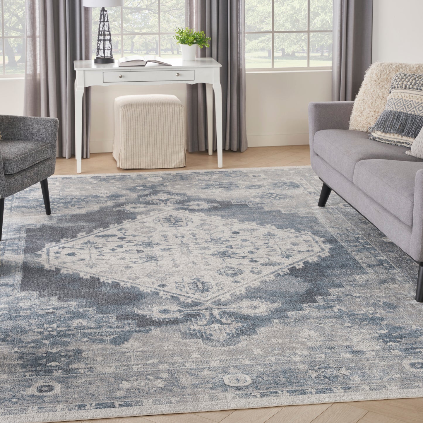 Nourison Astra Machine Washable 9' x 12' Blue Ivory Vintage Indoor Rug