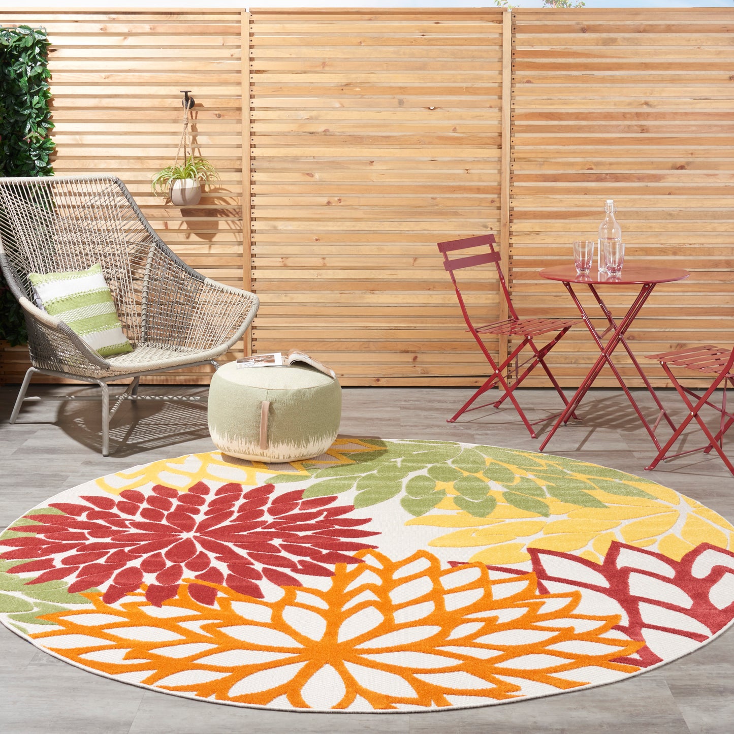 Nourison Aloha 7'10" x Round Red Multicolor Tropical Rug