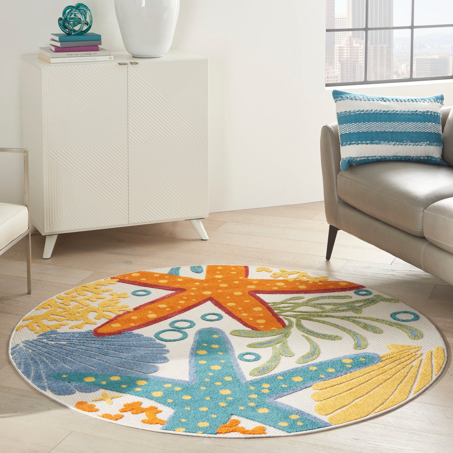 Nourison Aloha 5'3" x Round Multicolor Coastal, Nautical & Beach Rug