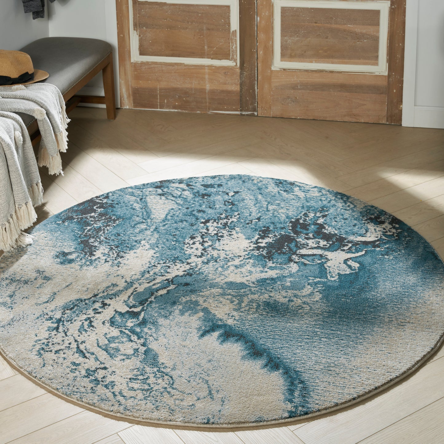 Nourison Maxell 3'10" x Round Ivory/Teal Modern Indoor Rug